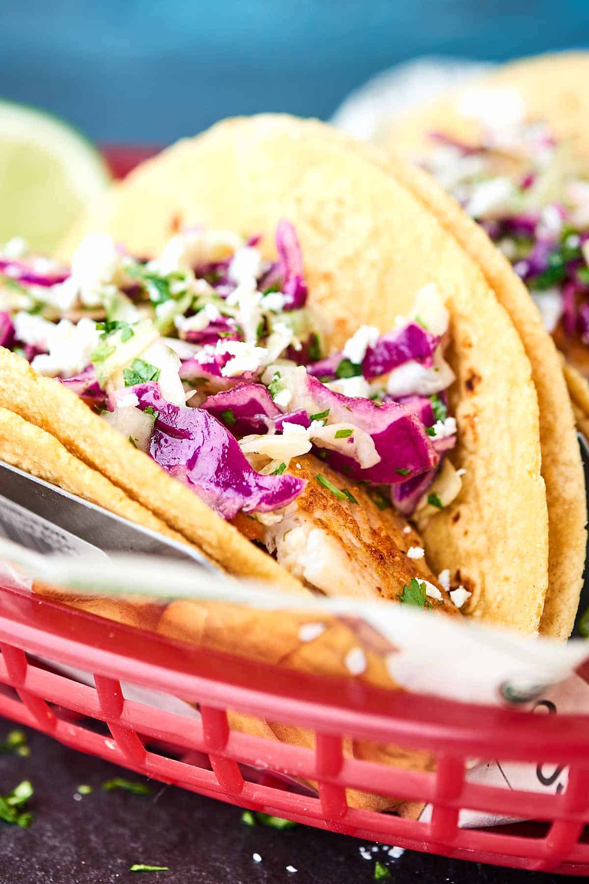 Baked fish taco in basket