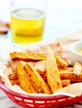 These Baked Sweet Potato Fries are sweet, salty, crispy, and fluffy! These are served w/ 3 sauces: honey mustard, brown sugar marshmallow, & maple vanilla! showmetheyummy.com #sweetpotato #fries