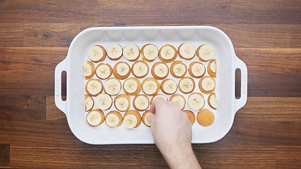 vanilla wafers and bananas layered in baking dish