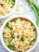 bowl of broccoli pasta salad above