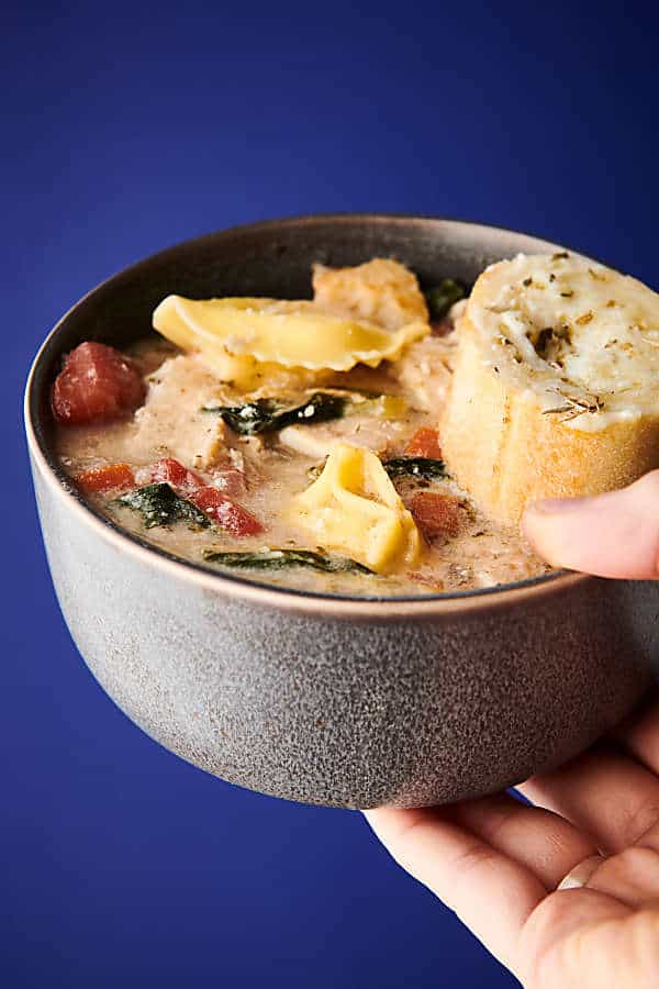 Bowl of tortellini soup held