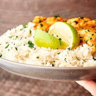 plate of coconut lime rice with chicken held