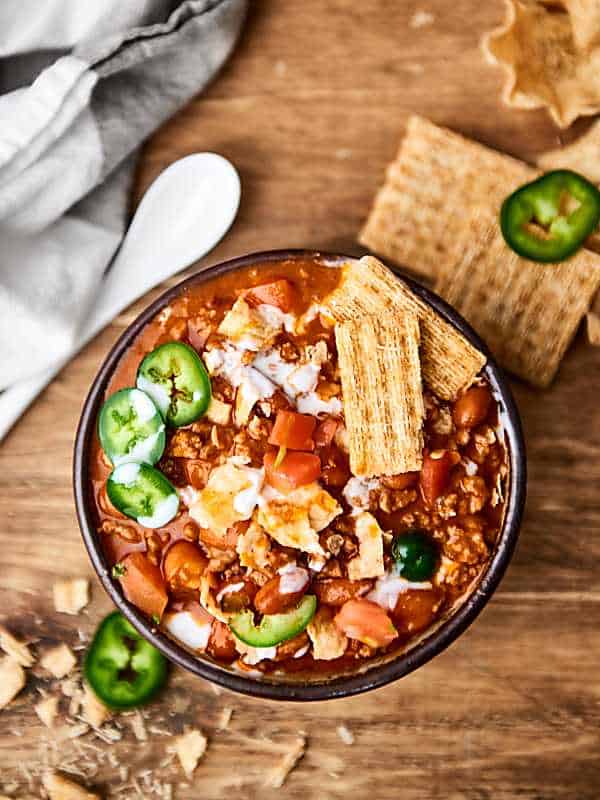 Bowl of easy chili above