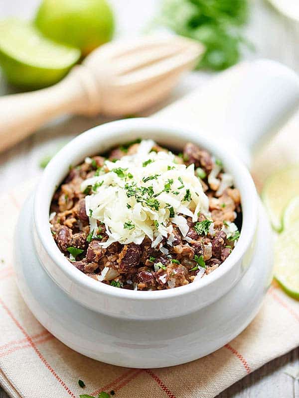 Bowl of black beans with cheese