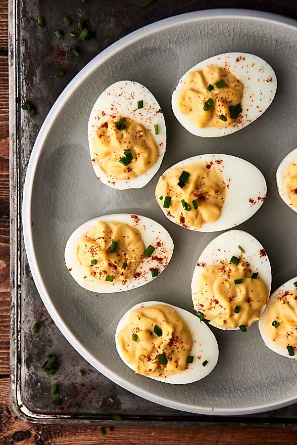 deviled eggs on plate above