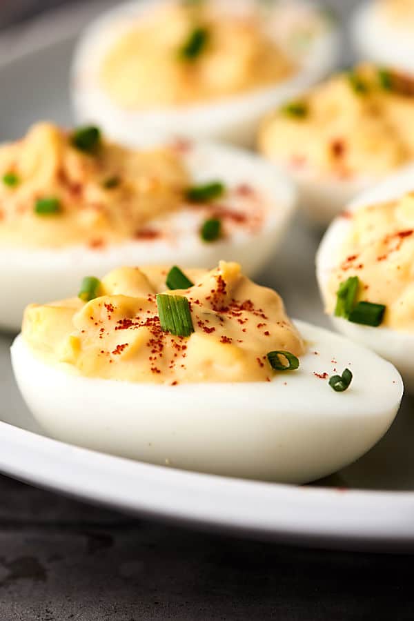 closeup of deviled eggs on plate