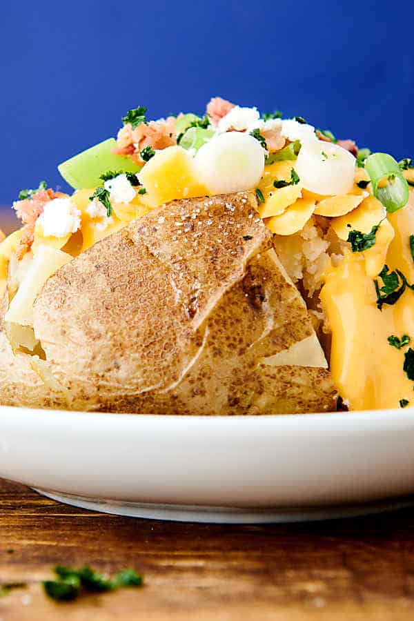 instant pot baked potato on plate side view