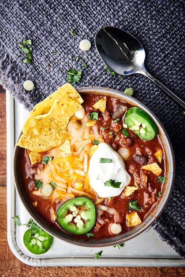 bowl of instant pot chili above