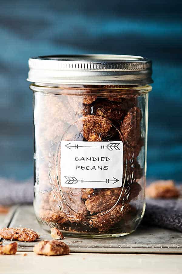 candied pecans in a mason jar