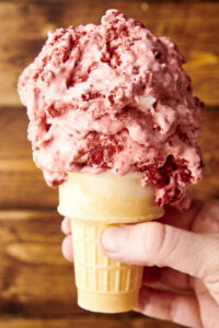 no churn red velvet ice cream in a cone