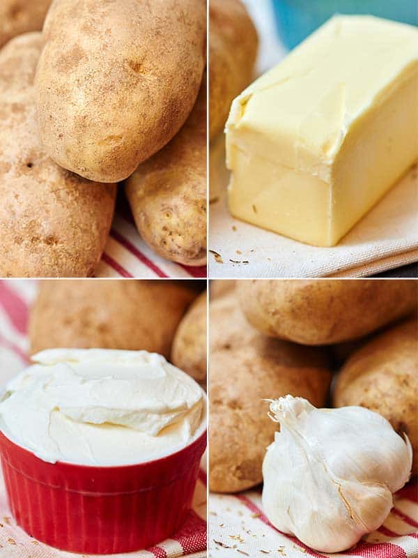 four pictures: potatoes, butter, cream cheese, garlic