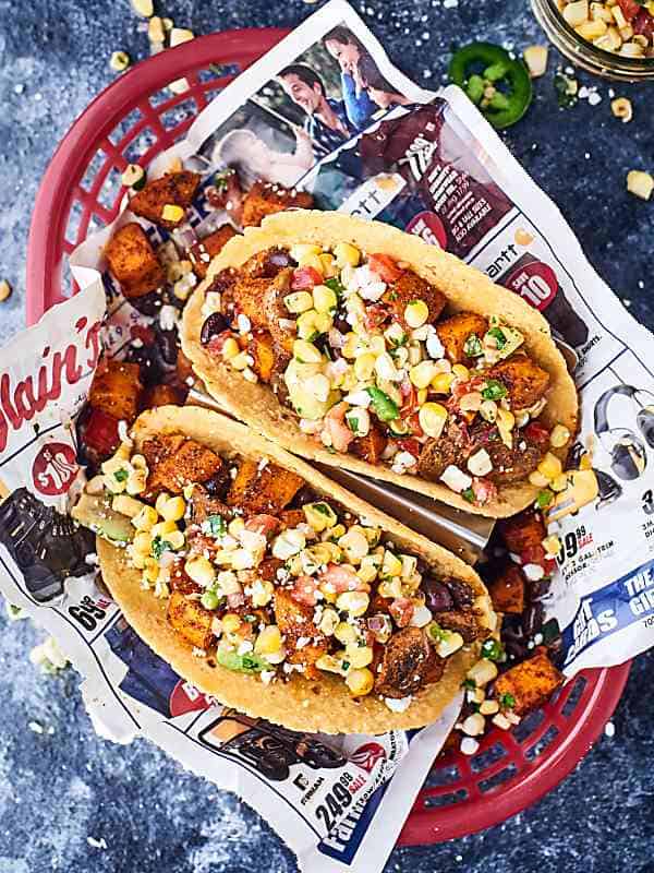 Two sweet potato tacos above