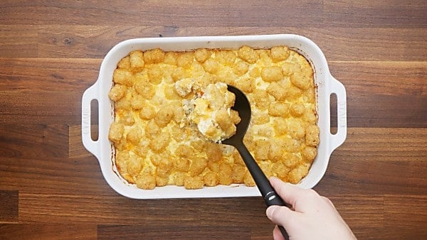 finished tater tot breakfast casserole in baking dish