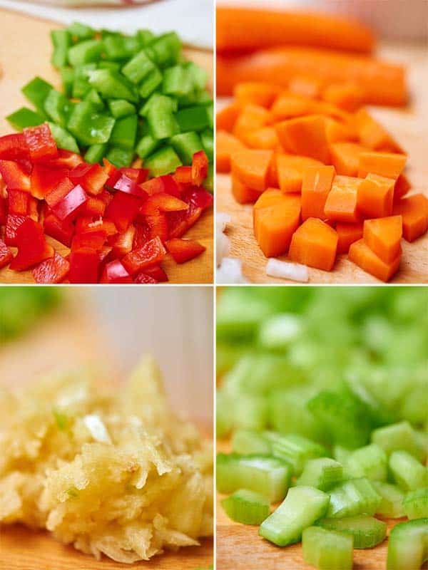 four-part picture: chopped peppers, carrots, celery, and minced garlic
