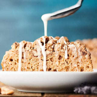 Whole Grain Pancake Coffee Cake. A dense and hearty, yet moist whole grain pancake mix based coffee cake is loaded with the most delicious crumb topping and drizzled in an easy maple glaze! Perfect for a healthier cozy weekend brunch or on-the-go busy week day breakfast! showmetheyummy.com #wholegrain #pancake #coffeecake #healthy